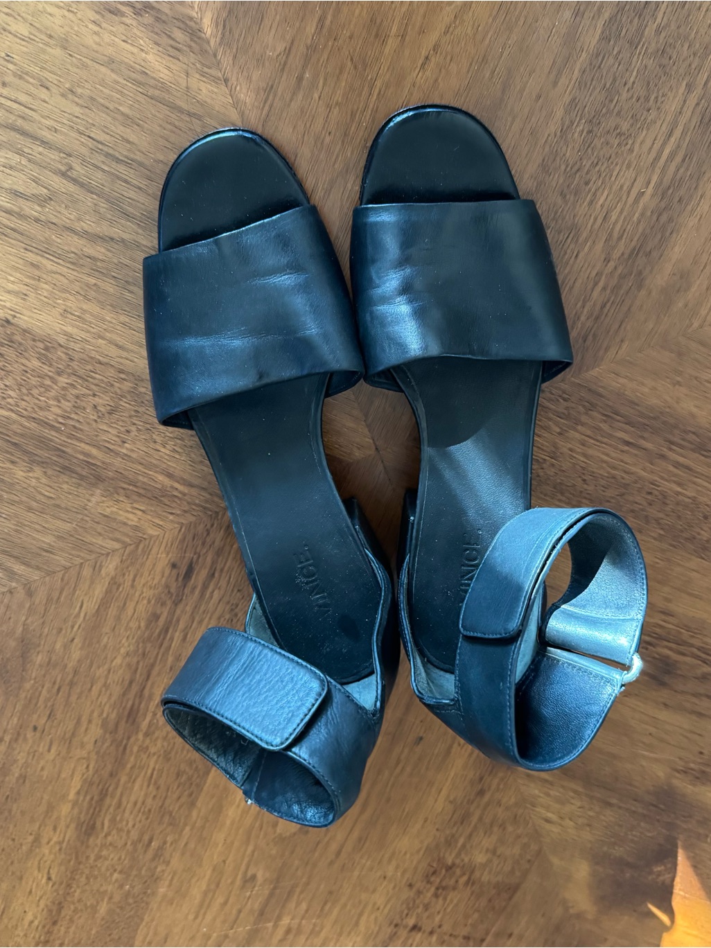 Vince Black Leather Ankle-Strap Slide Sandals